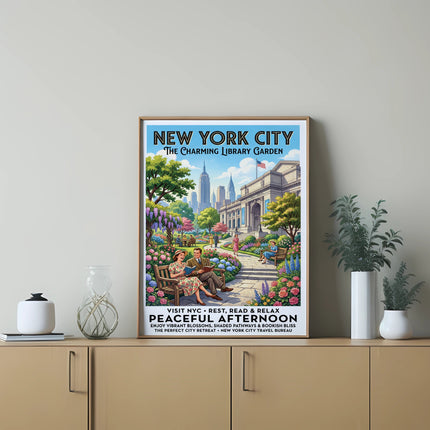 New York City Library Garden poster with text about visiting NYC.