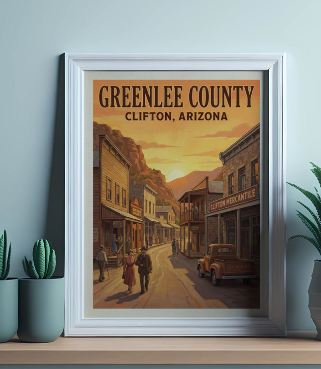 Greenlee County Clifton Arizona vintage town poster on a white frame.
