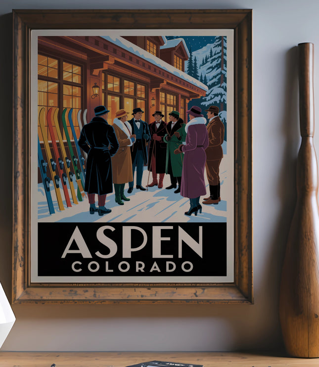 Vintage Aspen Colorado ski poster with people and skis.