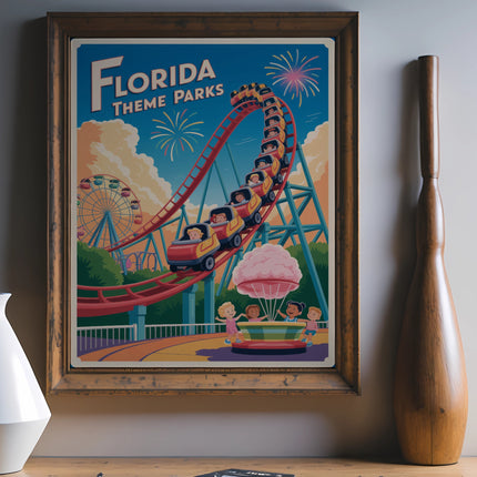 Retro Florida Theme Parks poster with roller coaster and Ferris wheel.