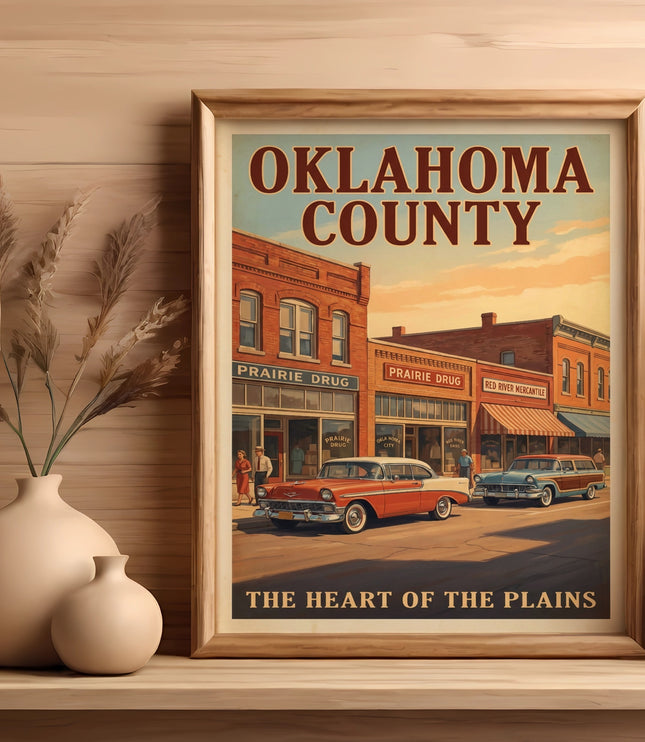 Vintage travel poster of Oklahoma County with classic cars and storefronts.