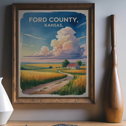 Vintage travel poster of Ford County, Kansas with a country road and house.
