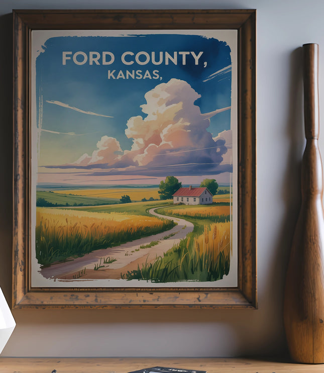 Vintage travel poster of Ford County, Kansas with a country road and house.