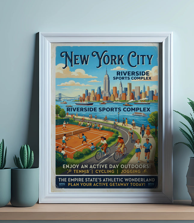 New York City Riverside Sports Complex poster featuring outdoor activities.
