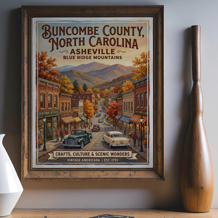 Buncombe County, North Carolina Asheville Blue Ridge Mountains vintage Americana print.