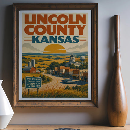 Vintage Lincoln County Kansas poster with text and illustration of a small town.
