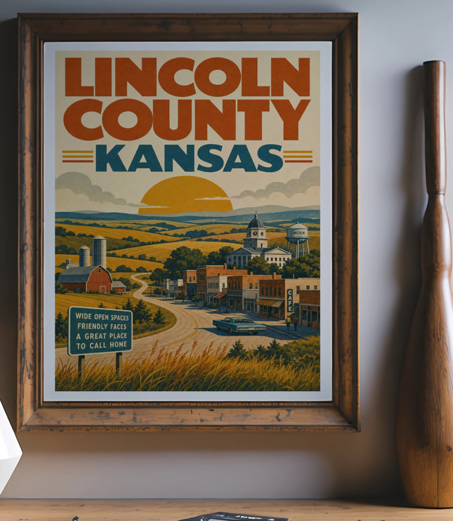 Vintage Lincoln County Kansas poster with text and illustration of a small town.