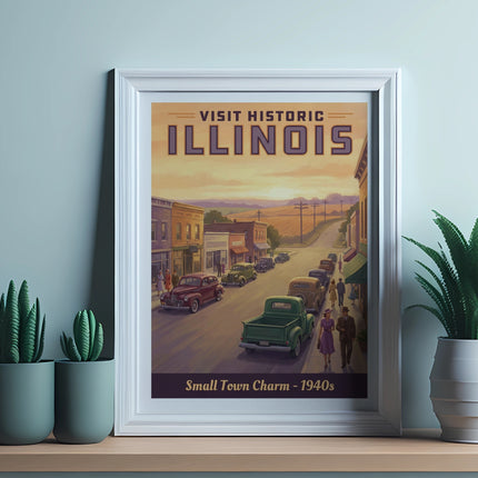 Vintage poster of historic Illinois small town charm with cars and buildings.