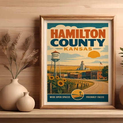 Hamilton County Kansas travel poster with water tower and sunflowers.