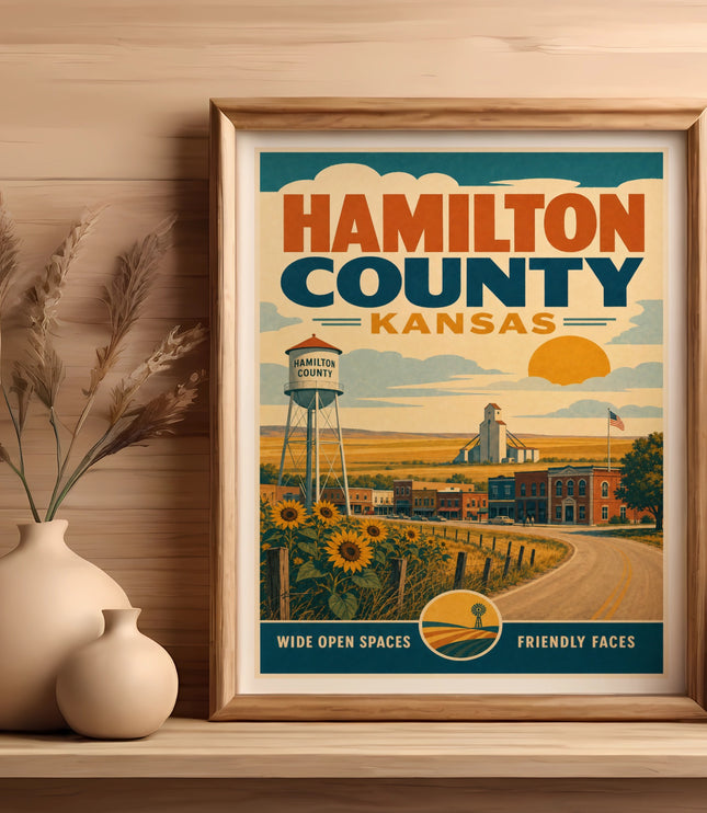 Hamilton County Kansas travel poster with water tower and sunflowers.