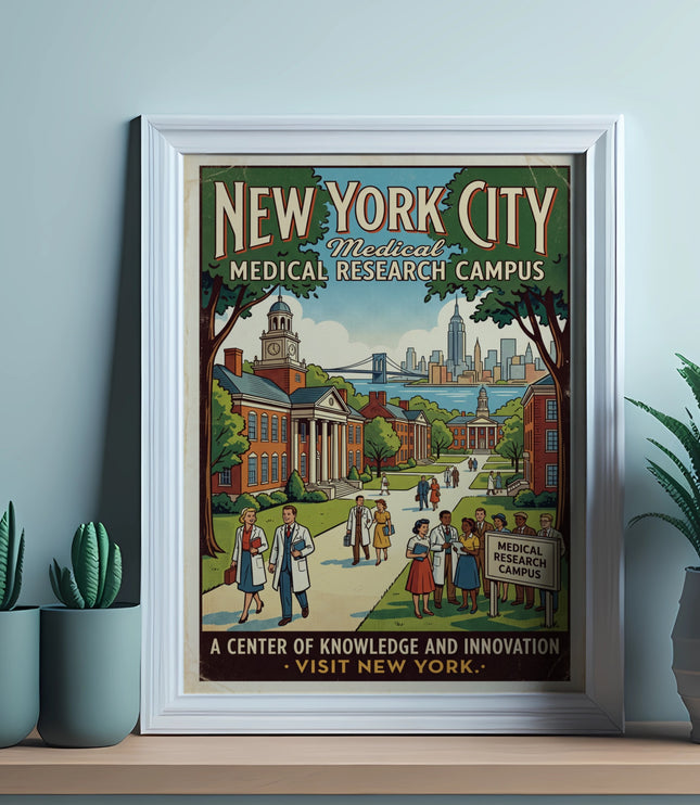 New York City Medical Research Campus vintage poster with city skyline.