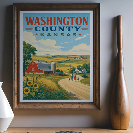 Washington County, Kansas vintage travel poster depicting a farm and rolling hills.