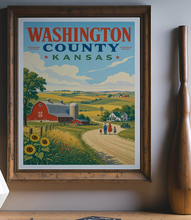 Washington County, Kansas vintage travel poster depicting a farm and rolling hills.