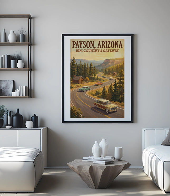Framed poster of Payson, Arizona, Rim Country's Gateway with vintage cars on a scenic road.