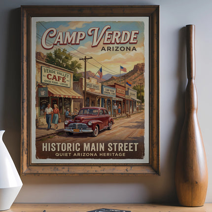 Camp Verde, Arizona historic main street vintage travel poster with classic car.