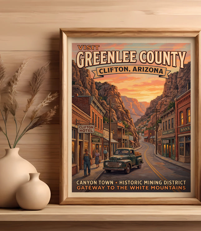 Retro poster of Greenlee County, Clifton, Arizona, with historic buildings and sunset.