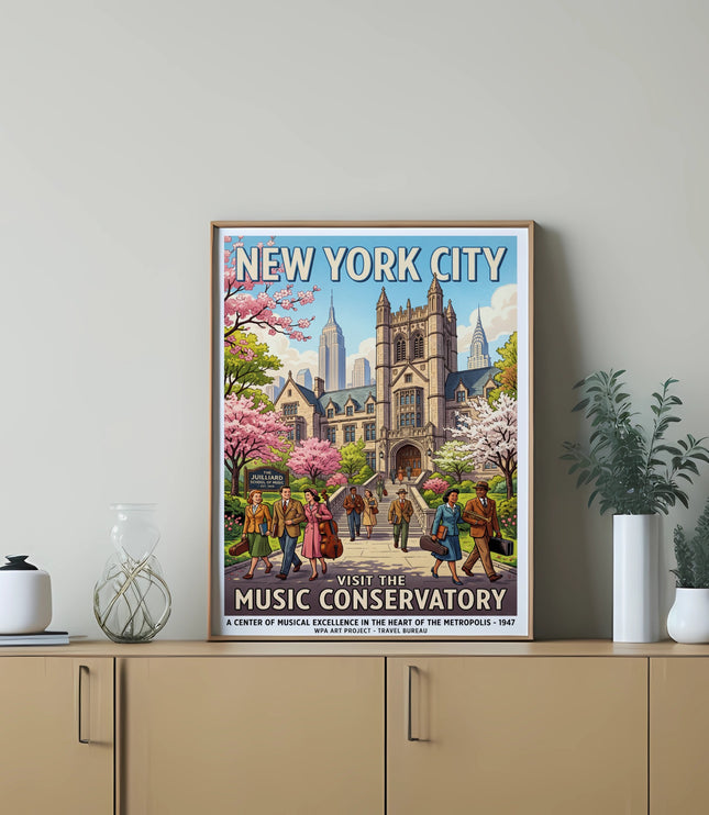 New York City poster touting the Juilliard School of Music Conservatory in 1947.