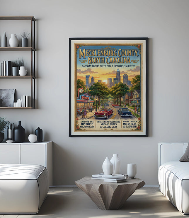 Mecklenburg County North Carolina travel poster with cityscape and text.