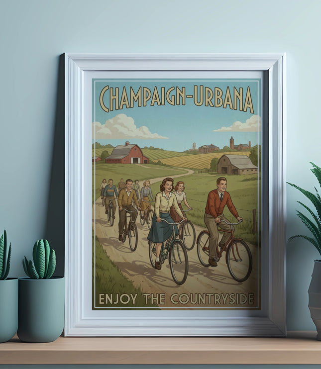 Champaign-Urbana poster of people cycling through a countryside with farms and buildings.