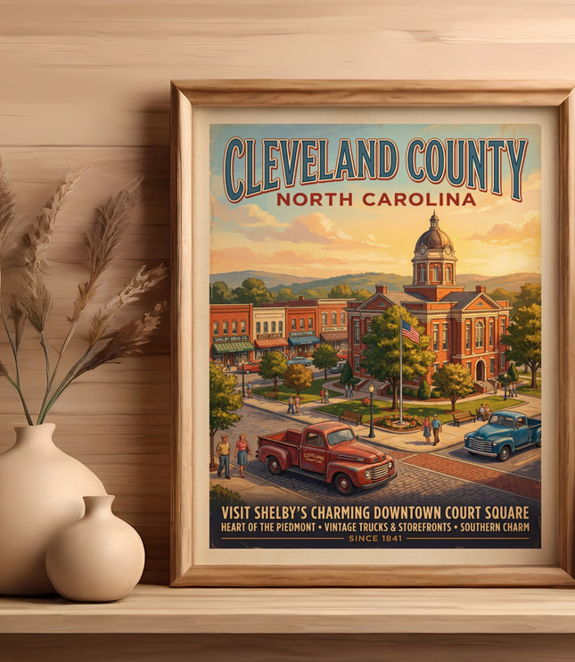 Cleveland County, North Carolina courthouse, storefronts, and vintage trucks.