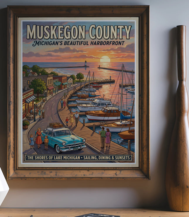 Muskegon County Michigan's Beautiful Harborfront vintage travel poster and frame.
