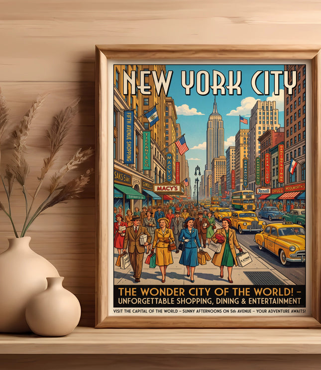 Vintage New York City poster of Fifth Avenue shopping with Empire State Building.