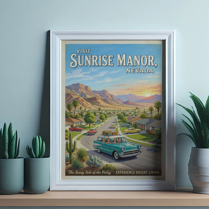 Visit Sunrise Manor, Nevada poster with vintage cars, desert mountains, and homes.