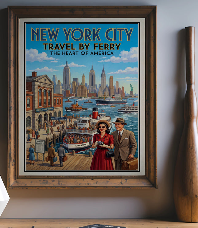 Vintage New York City travel poster depicting ferries and skyline with text "New York City Travel By Ferry".