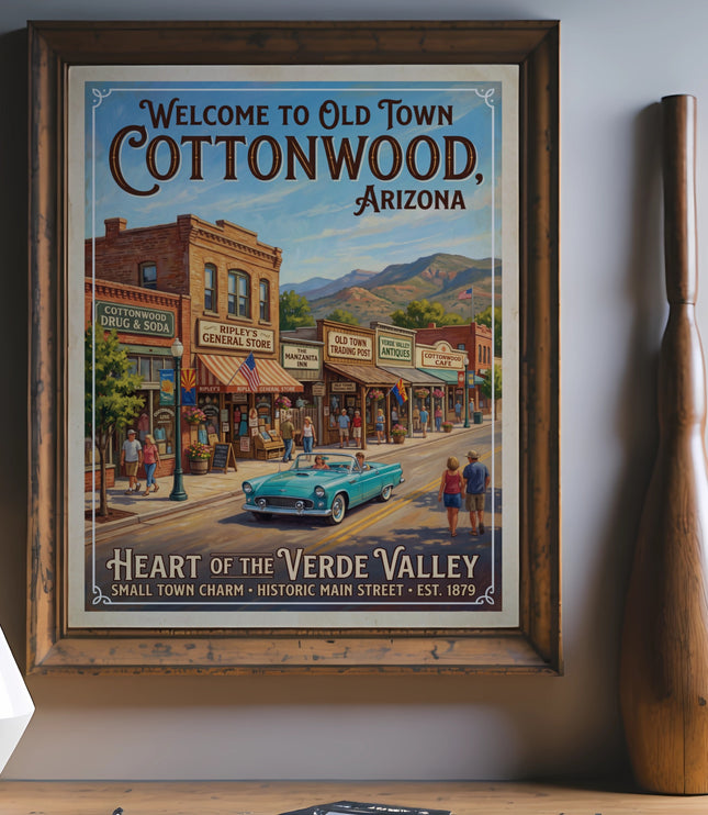 Vintage poster "Welcome to Old Town Cottonwood, Arizona" with a street scene.