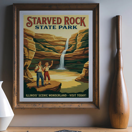 Starved Rock State Park poster with waterfall, hikers, and text "Illinois' Scenic Wonderland".