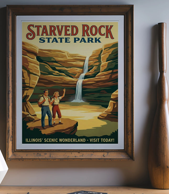 Starved Rock State Park poster with waterfall, hikers, and text "Illinois' Scenic Wonderland".