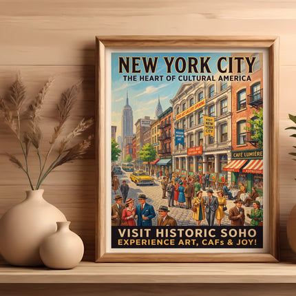 New York City vintage poster with "Visit Historic Soho" text.
