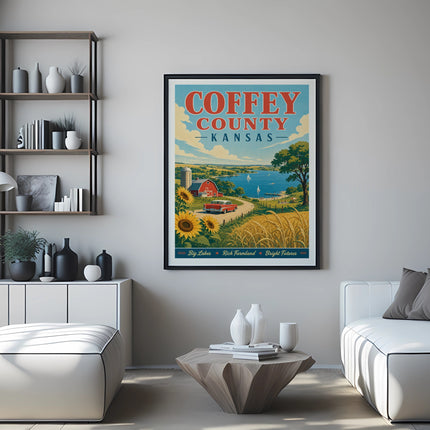 Vintage Coffey County, Kansas travel poster with farm and lake scene.