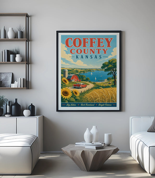 Vintage Coffey County, Kansas travel poster with farm and lake scene.