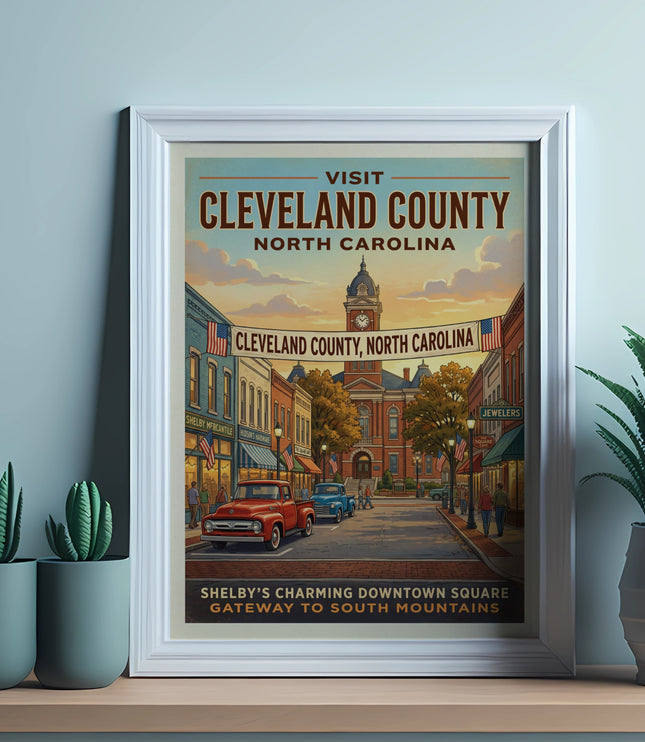 Retro poster of Cleveland County, North Carolina showing a charming downtown square.