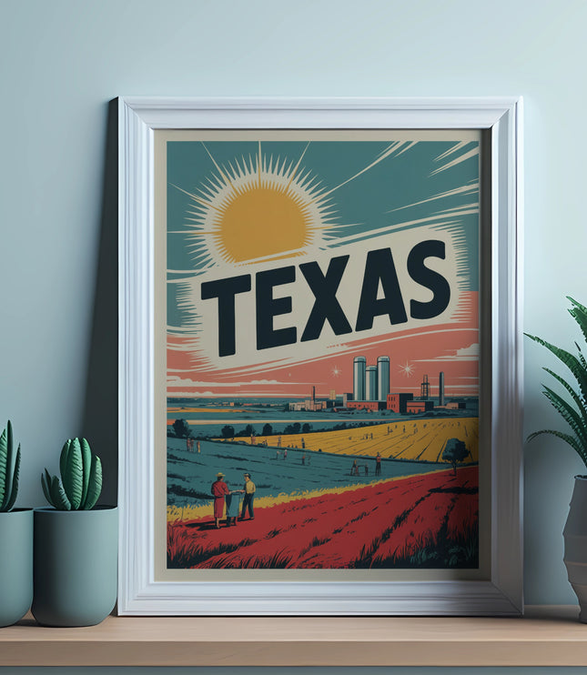Retro Texas landscape poster with sun, fields, and industrial buildings.
