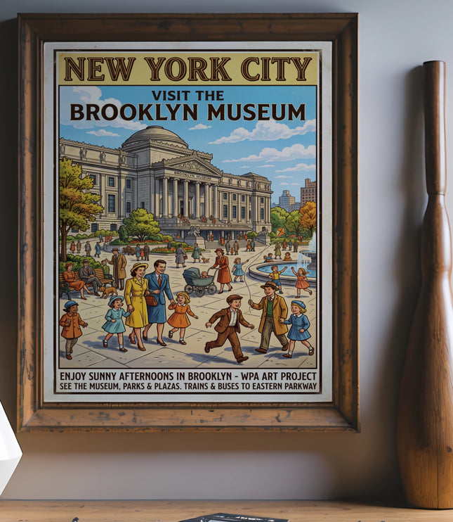 New York City Visit the Brooklyn Museum vintage poster with families.