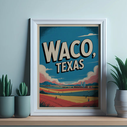 Retro framed poster with "Waco, Texas" text over a colorful landscape scene.