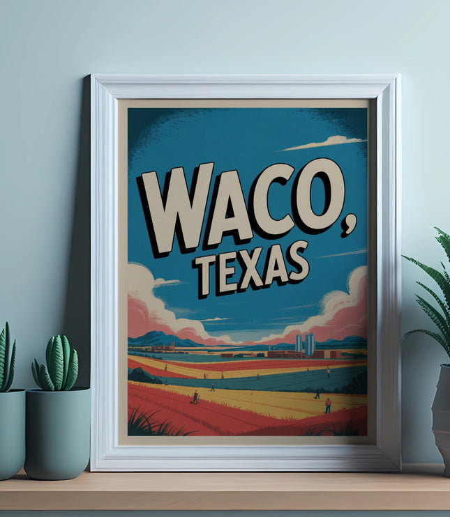 Retro framed poster with "Waco, Texas" text over a colorful landscape scene.