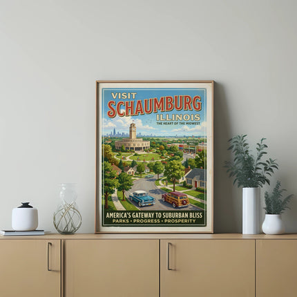 Visit Schaumburg Illinois poster with retro cars and Woodfield Mall.