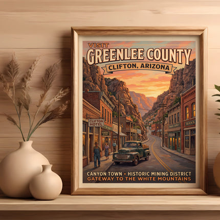 Vintage poster of Clifton, Arizona, a historic mining district in Greenlee County.