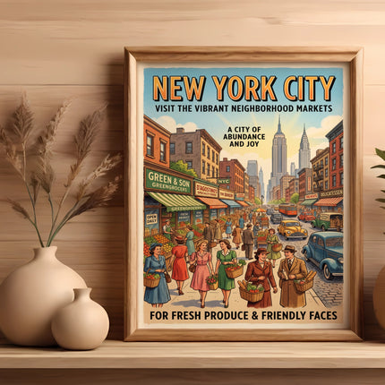 Vintage New York City market poster with buildings, people, and text.