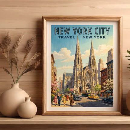 Vintage New York City travel poster featuring Saint Patrick's Cathedral and street scene.