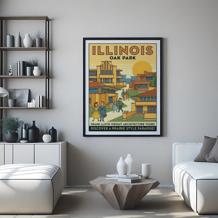 Poster of Frank Lloyd Wright Oak Park architecture tours and prairie style paradise.