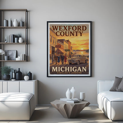 Wexford County, Michigan poster of Cadillac's Lakeside with vintage car and sunset.