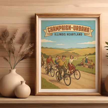 Vintage poster of cyclists in Champaign-Urbana, Illinois Heartland.