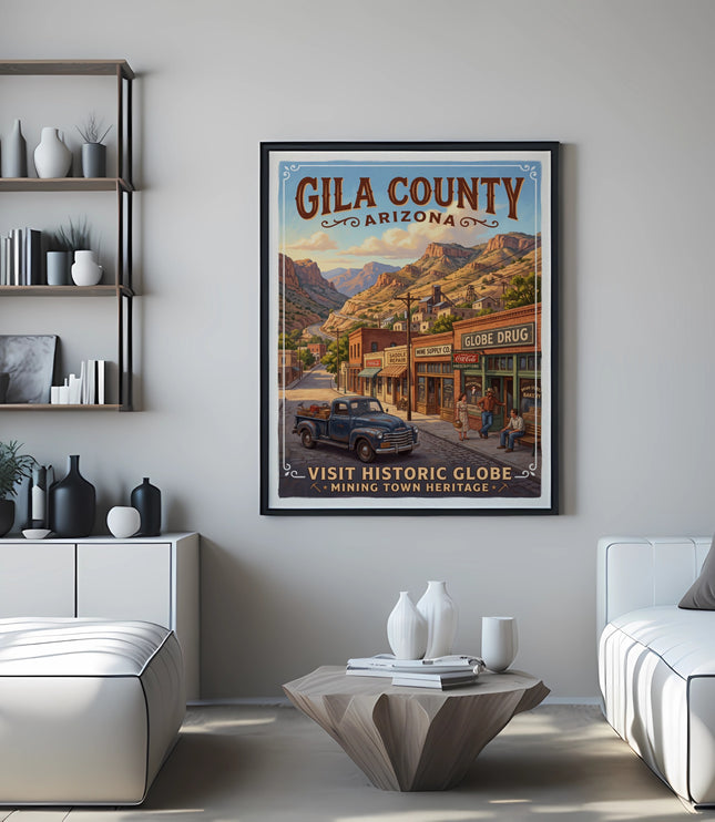 Gila County Arizona retro poster featuring Globe Drug and mining town heritage.