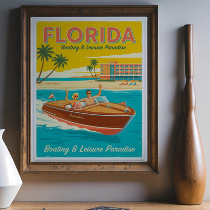 Retro Florida boating and leisure paradise travel poster with a boat and palm trees.