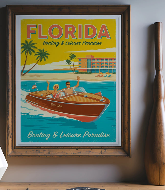 Retro Florida boating and leisure paradise travel poster with a boat and palm trees.