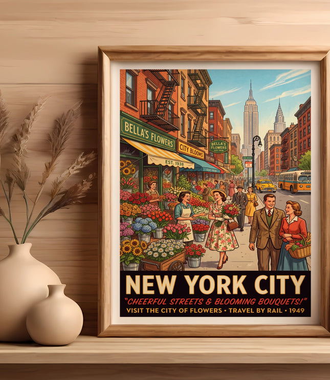 New York City poster featuring Bella's Flowers, Empire State Building, and retro style.